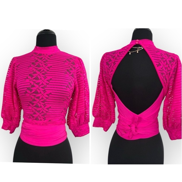 Valentine fuchsia pink backless lace crop top with wraparound sash, size L - Picture 2 of 16